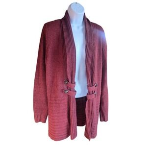 Apt 9 Wool‎ Blend Cardigan Women L Burgundy Ribbed Knit Button Tab Dark Academia